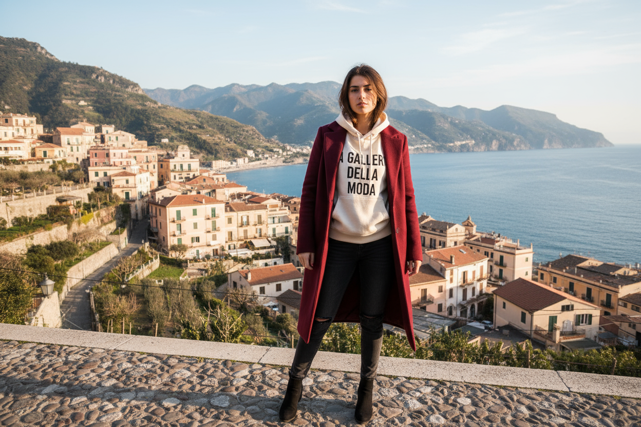 Crea l'immagine di una ragazza con addosso un cappotto color vinaccio e una felpa con scritto la galleria della moda e dietro lo sfondo della città di scalea in provincia di cosenza