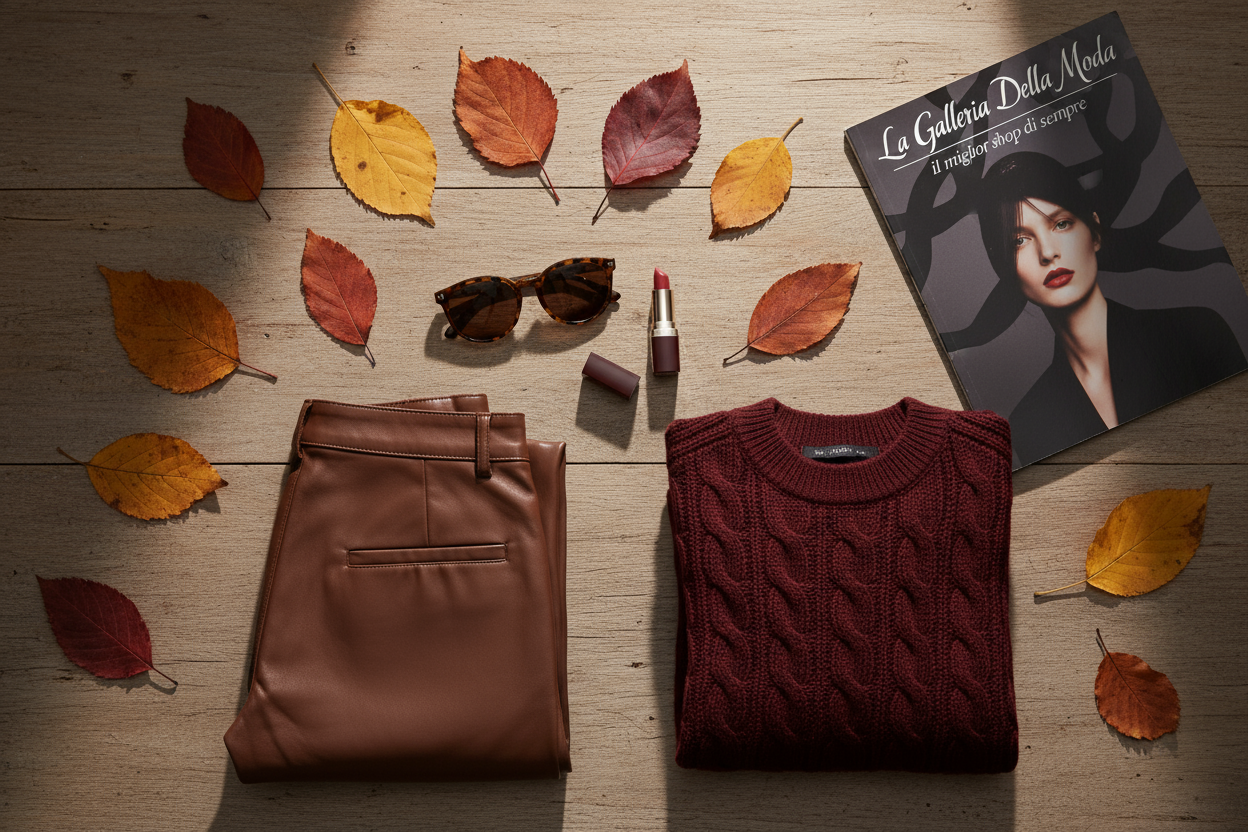 crea un'immagine con sul tavolo delle foglie autunnali un paio di occhiali da sole un rossetto bordeaux e una rivista in alto a destra con scritto la galleria della moda il miglior shop di sempre e poi in basso a sinistra un paio di pantaloni di ecopelle marroni piegati e poi un maglione color vinaccio piegato