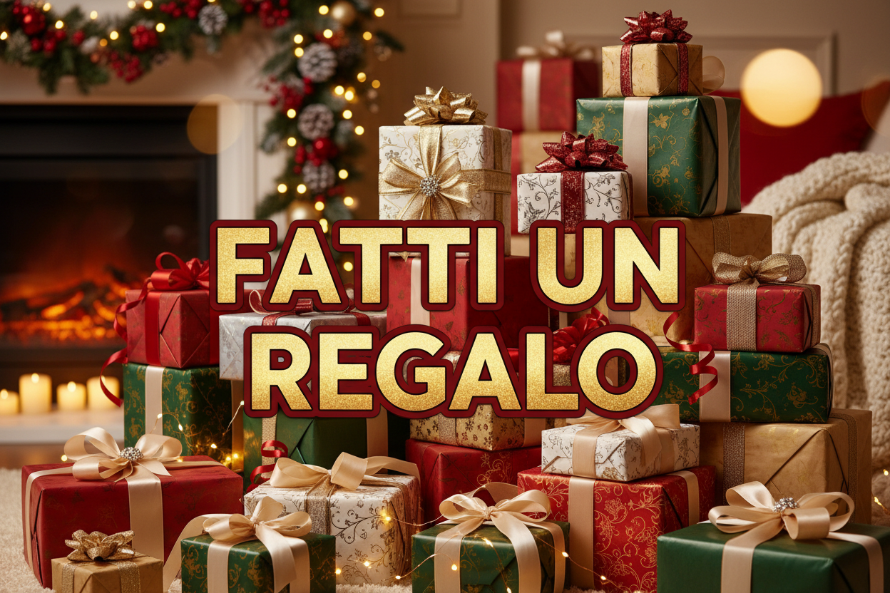 Genera uno sfondo natalizio e pacchi regalo e la scritta davanti FATTI UN REGALO