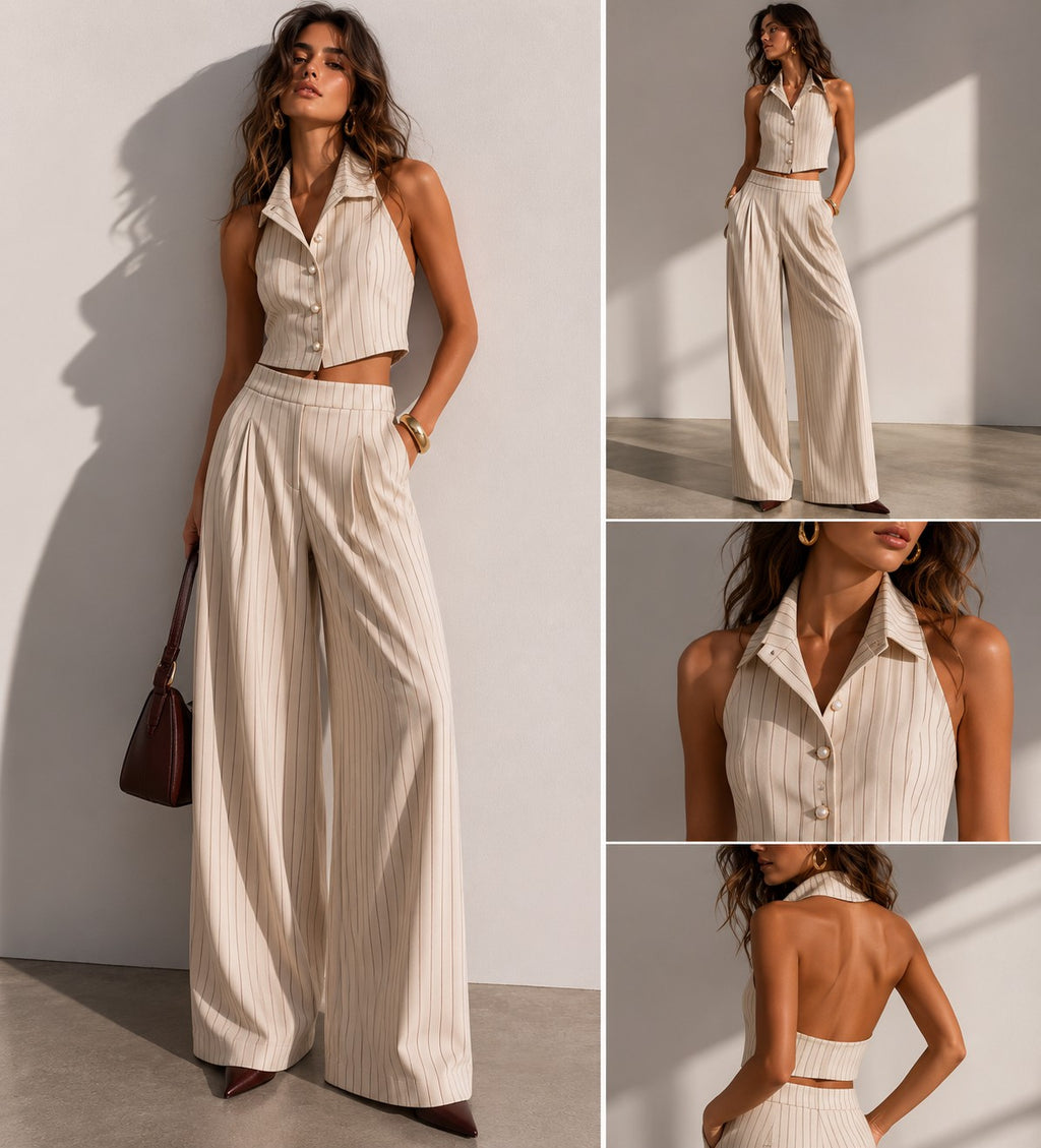 COORDINATO GESSATO TOP HALTER E PANTALONI PALAZZO