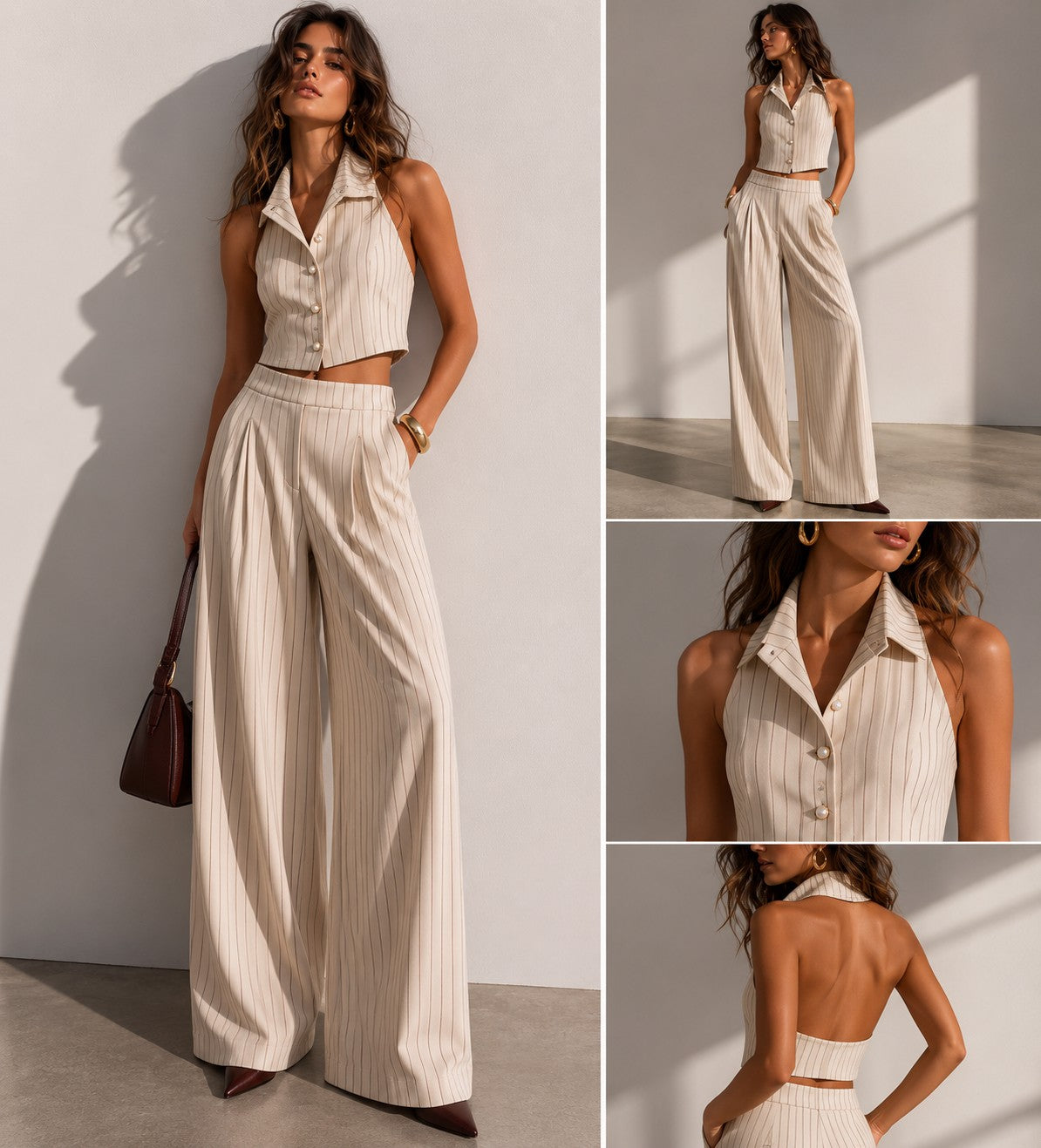 COORDINATO GESSATO TOP HALTER E PANTALONI PALAZZO