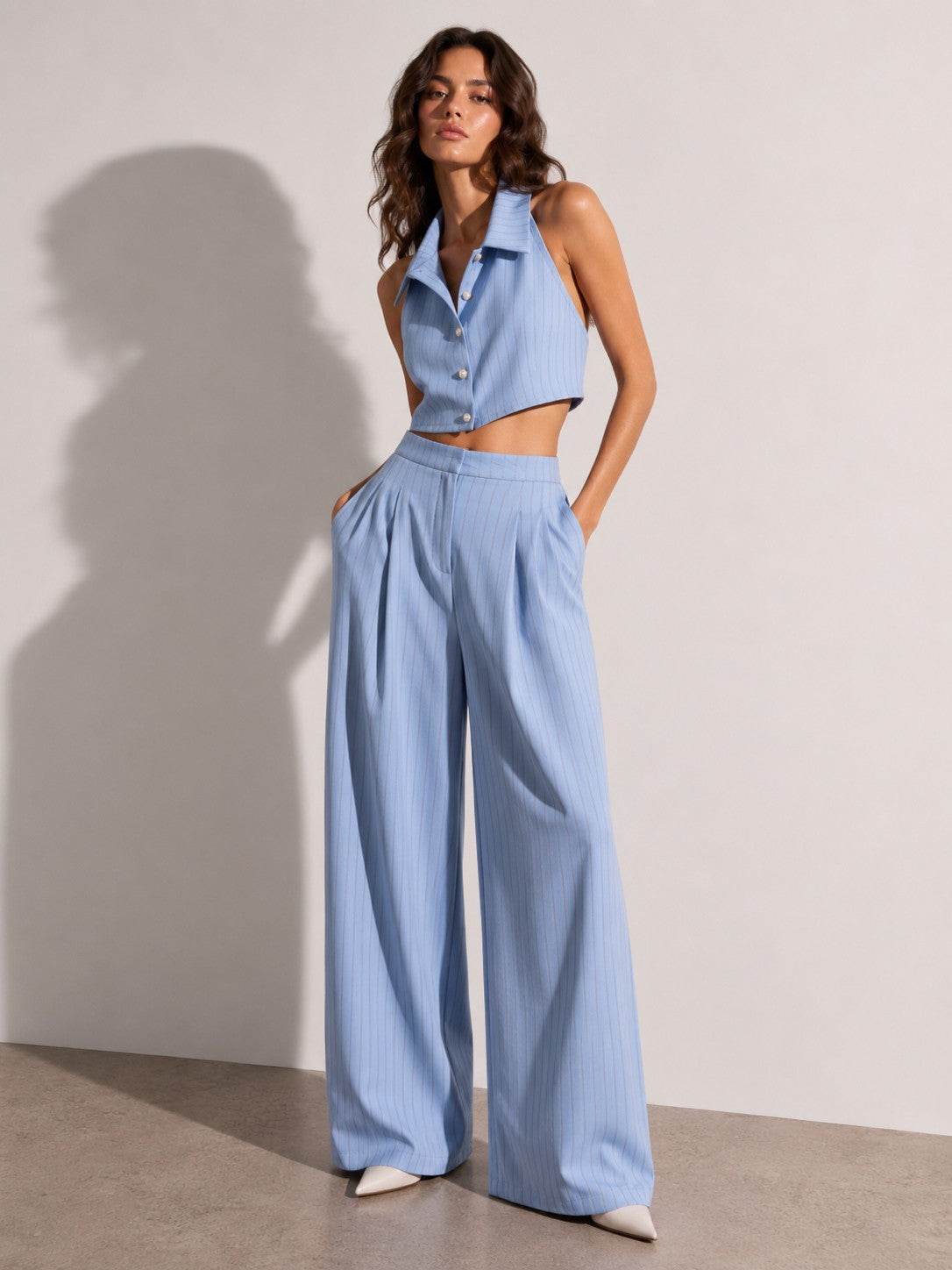 COORDINATO GESSATO TOP HALTER E PANTALONI PALAZZO