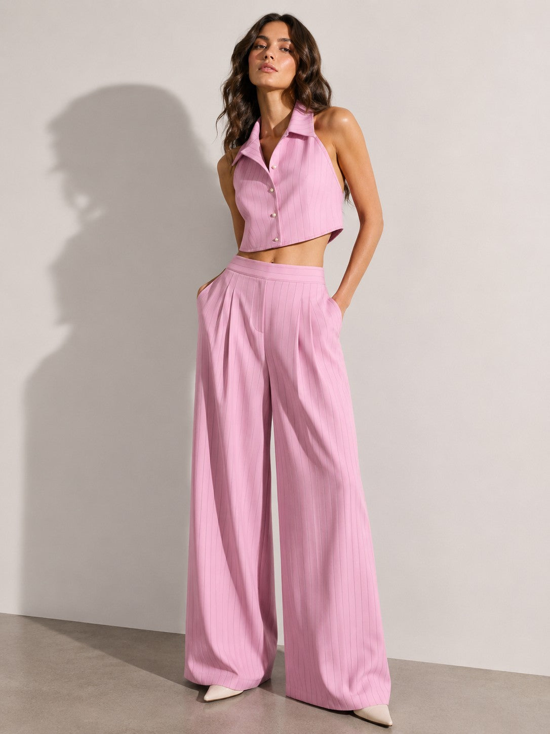 COORDINATO GESSATO TOP HALTER E PANTALONI PALAZZO