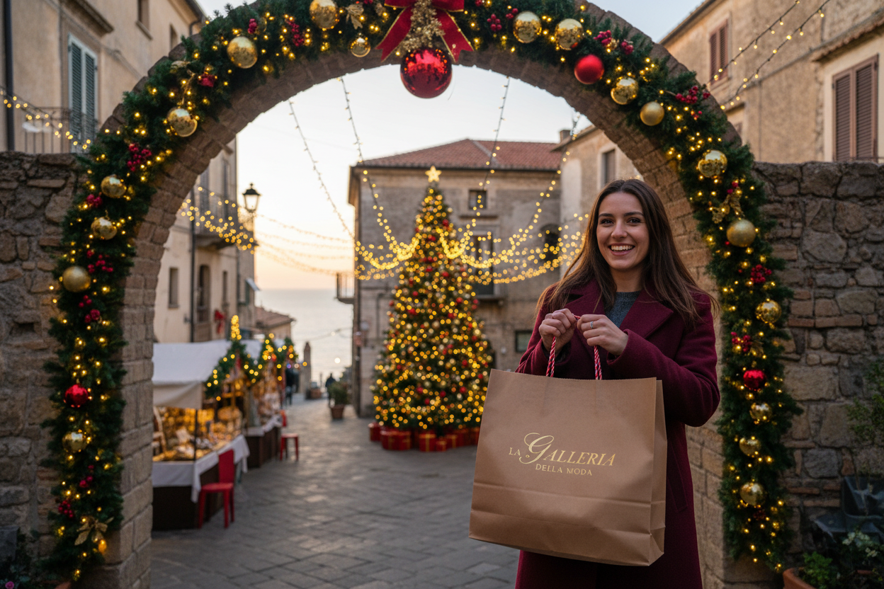 Mi generi l'immagine di una ragazza sorridente con addosso un cappotto bordeaux in uno sfondo natalizio a Scalea in provincia di cosenza e con una busta shopping in mano con scritto LA GALLERIA DELLA MODA